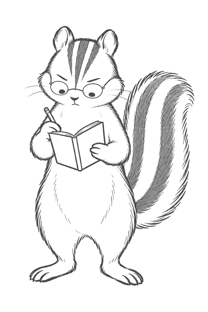 眼鏡をかけ、野帳に書き込むシマリスのキャリス